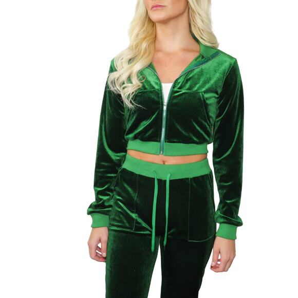 SHEIN Y2k Emerald Green Velour Tracksuit Zipper Jacket + Flared Pants Small - Picture 3 of 12
